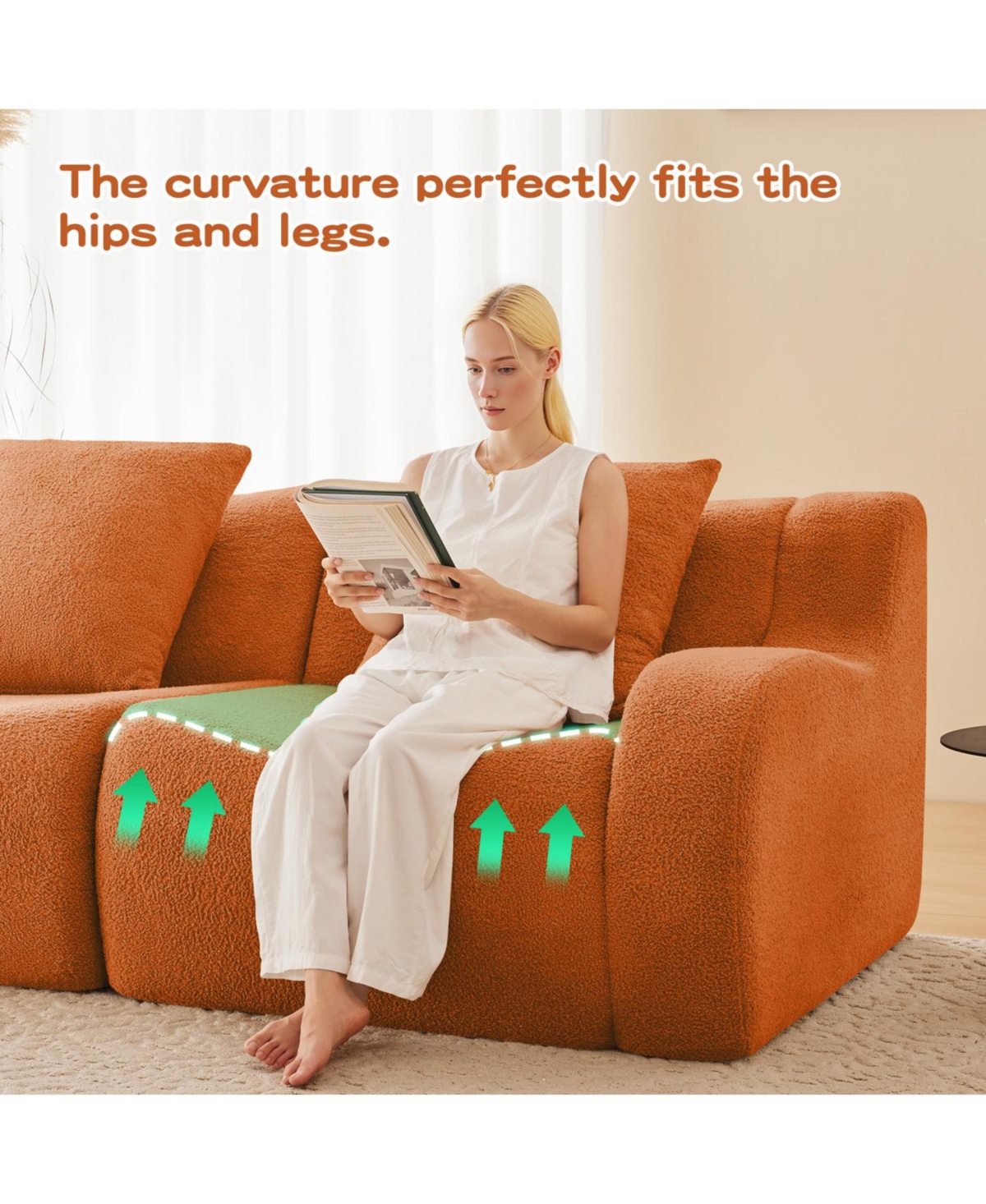 Streamdale Furniture Streamdale Boneless Sofa, 3 Seat Teddy Fabric, Anti-Slip, No Assembly, Curved Armrests, Orange