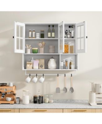 Bathroom Wall Cabinet, 3-Door Wooden Cabinet with Open/Hidden Storage, White