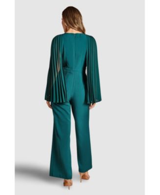 Women's V Neck Pleated Long Sleeve Jumpsuit