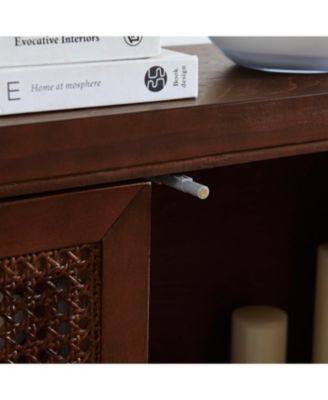 Mid Century Modern Rattan Sideboard Buffet Cabinet with 2 Outlets, Walnut