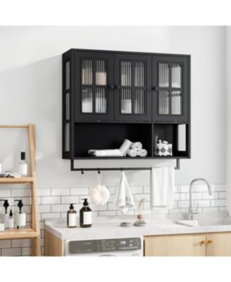  Bathroom Wall Cabinet, 3-Door Wooden Cabinet with Open/Hidden Storage, Black