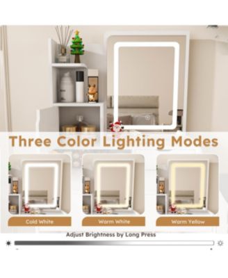 Streamdale 3-Color LED Vanity Mirror with Stool & Pink Dressing Table, 2 Drawers, 5 Cabinets