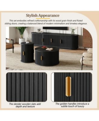 Streamdale Wooden TV Stand & Coffee Table Set with Fluted Doors, Golden Handles, Black