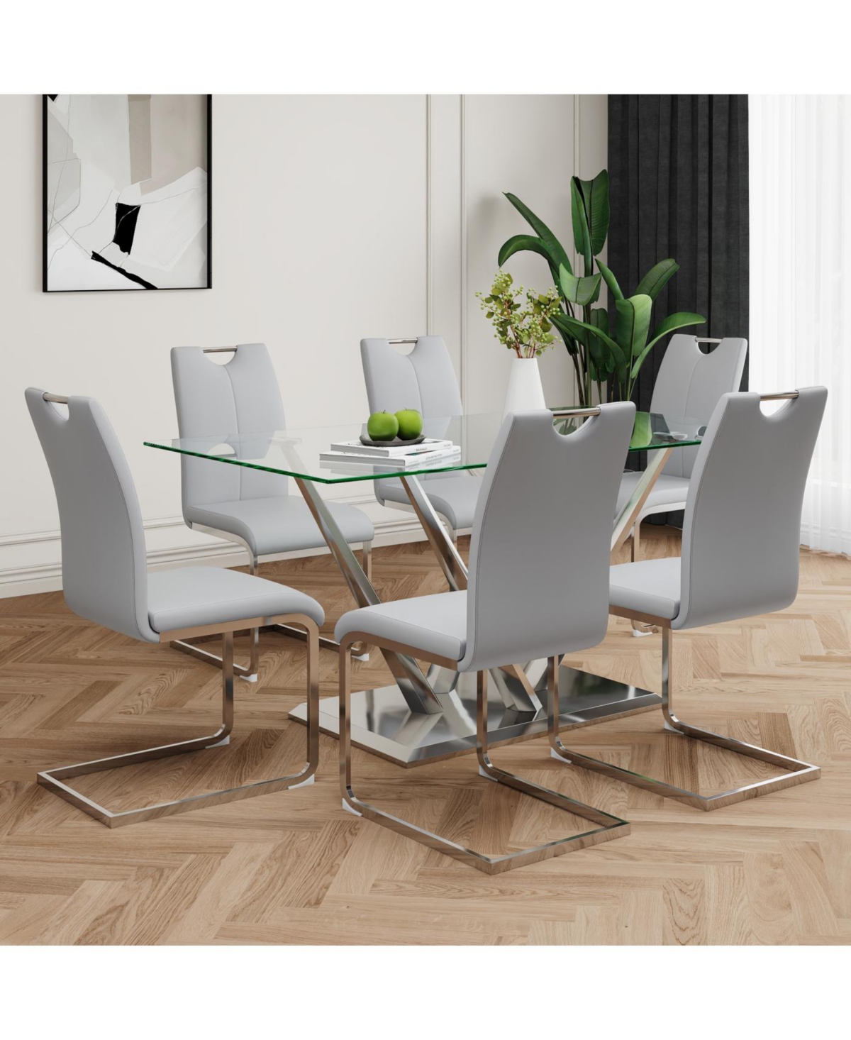 Streamdale Modern glass dining table & 6 gray chairs set