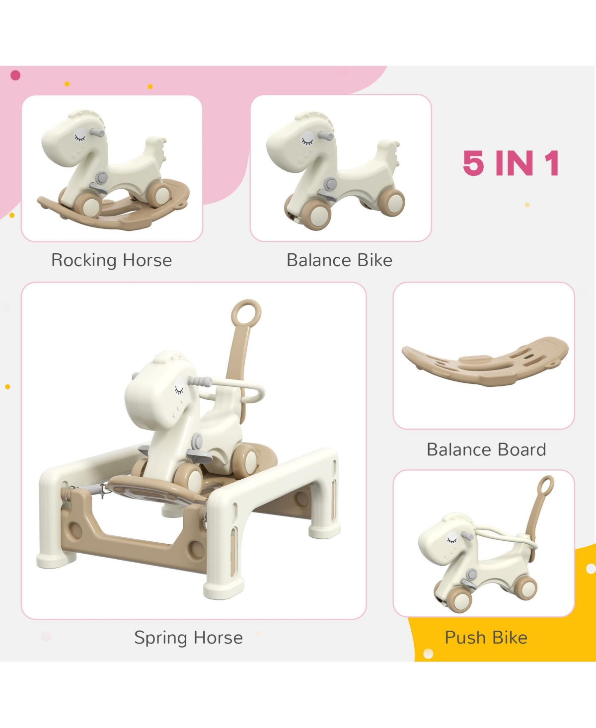 Qaba 5 in 1 Rocking Horse for Toddlers 1-6 Years w/ Balance Board