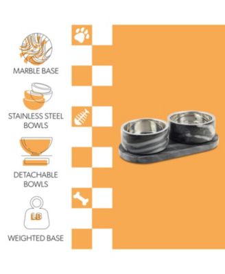 Marbre Small/Medium Modern Weighted Double Marble and Stainless Steel Bowl 12oz (1.5 Cups) Feeder with Non-Slip Marble Tray Set