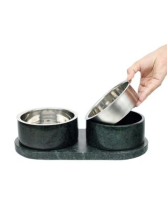 Marbre Small/Medium Modern Weighted Double Marble and Stainless Steel Bowl 12oz (1.5 Cups) Feeder with Non-Slip Marble Tray Set