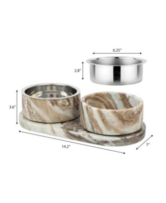 Marbre Small/Medium Modern Weighted Double Marble and Stainless Steel Bowl 12oz (1.5 Cups) Feeder with Non-Slip Marble Tray Set