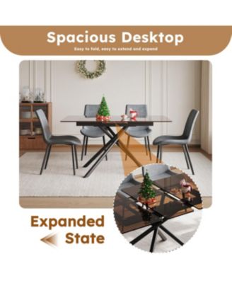 59-inch Expandable Dining Table Set with 4 Gray Chairs, Black Glass Top & X-Base