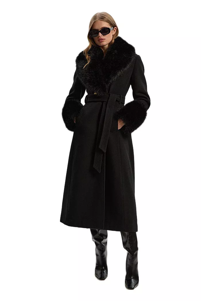 Women's Wool Detachable Fur Belted Midi Coat