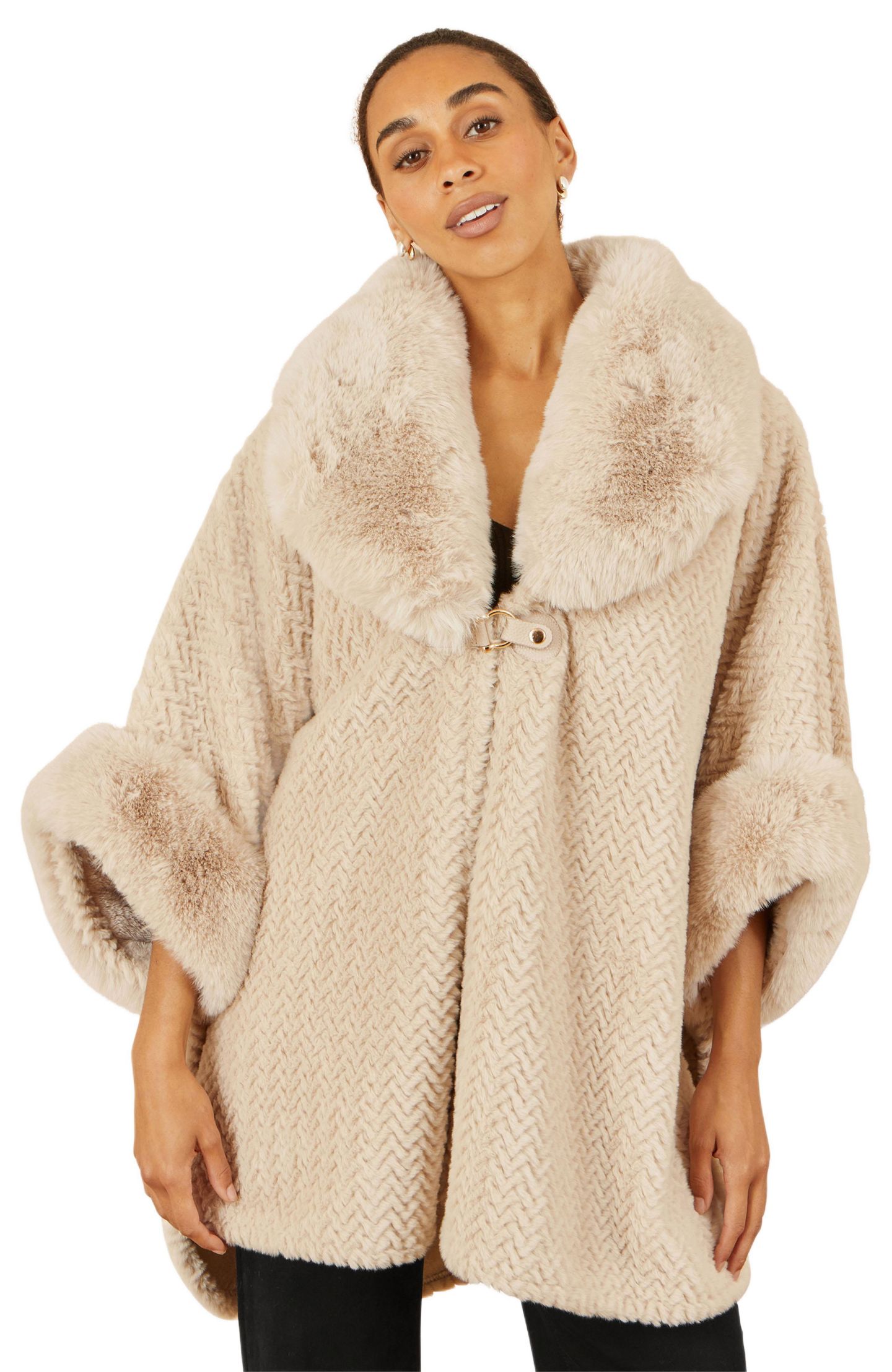 Женская накидка Yumi Textured Faux Fur Lined Cape, цвет: Бежевый — фото 1