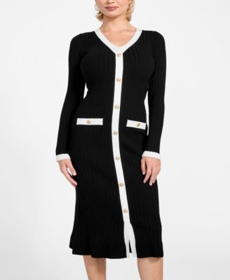 GUESS - Women's Long-Sleeve V-Neck Sweater Dress