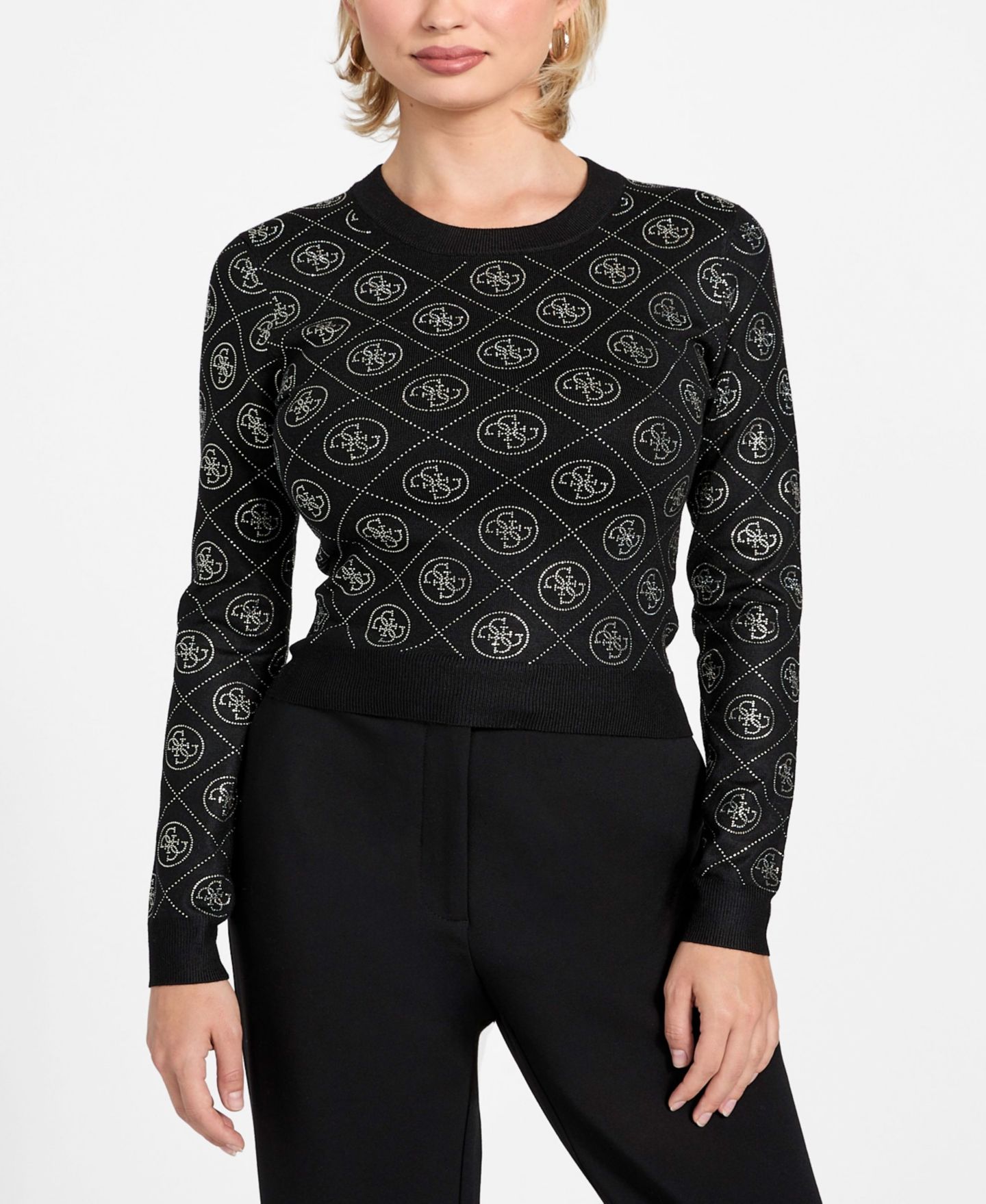 Женский свитер GUESS Long-Sleeve Crewneck Rhinestones 4G, цвет: Чёрный — фото 1