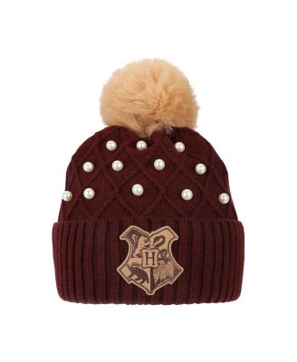Men's Hogwarts Crest & Pearl Appliques Maroon Cuff Beanie