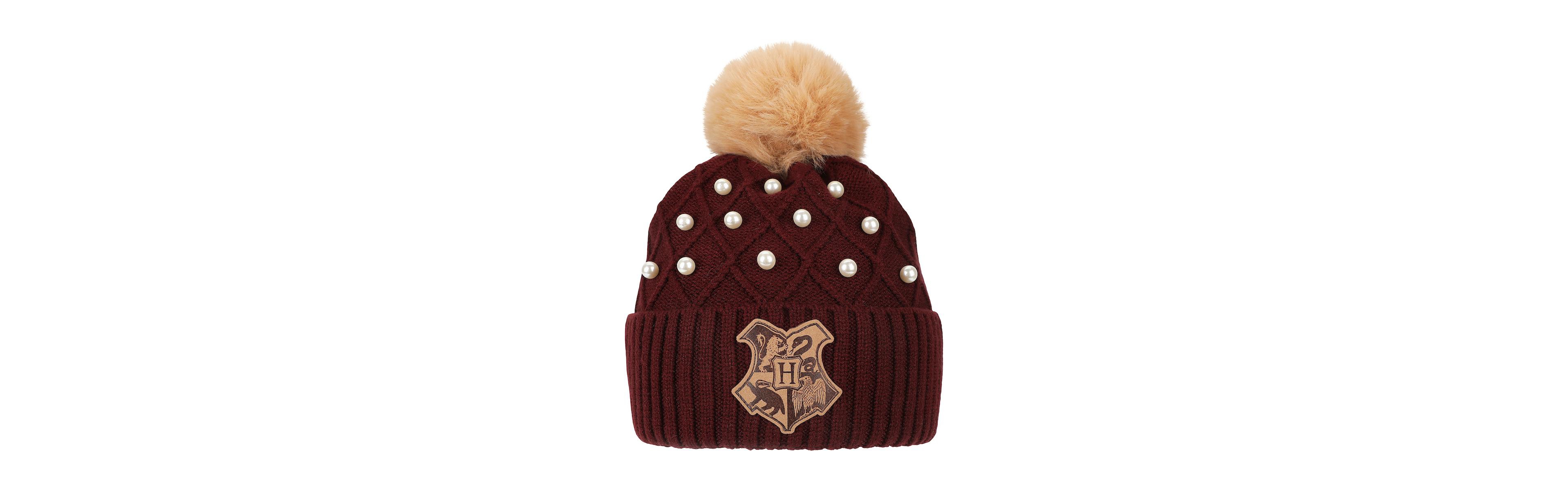 Harry Potter Men's Hogwarts Crest & Pearl Appliques Maroon Cuff Beanie