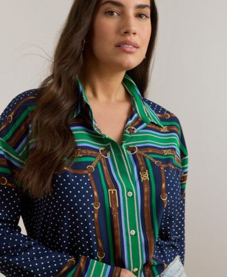 Plus Size Point Collared Belting & Polka-Dot Shirt