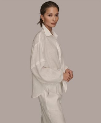 Women's Linen Long Blouson Sleeve Button Adjustable Tie Shirt