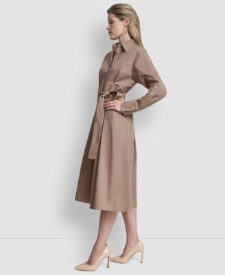 Women's Long-Sleeve Collared Neck Midi Shirt Dress