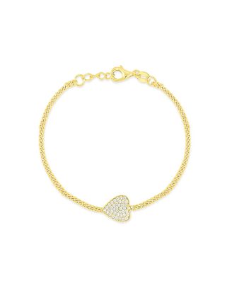 Horizontal  Heart Pave CZ  Yellow Silver Curb Chain Bracelet 7 inches