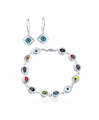Turkish Multicolor Evil Eye Charm Bracelet & Blue Nazar Dangle Earrings Jewelry Set Sterling Silver