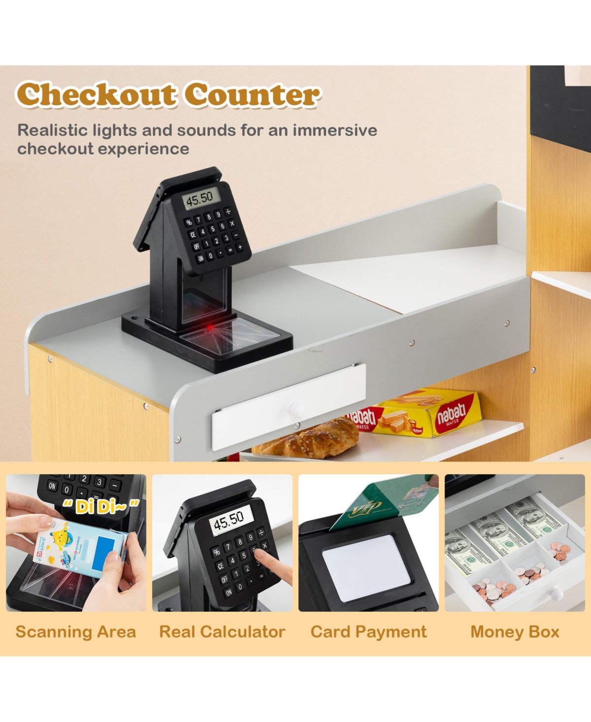 Skonyon Wooden Supermarket Playset with Checkout Counter & Shopping Cart