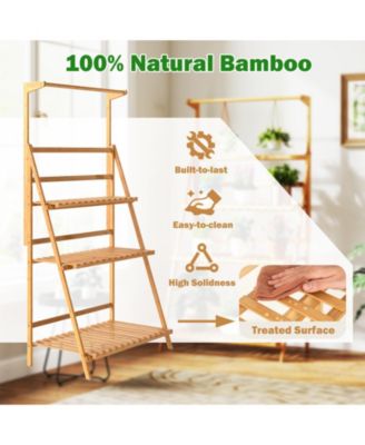 3 Tier Bamboo Hanging Plant Stand with Height Adjustable Hanger Rod