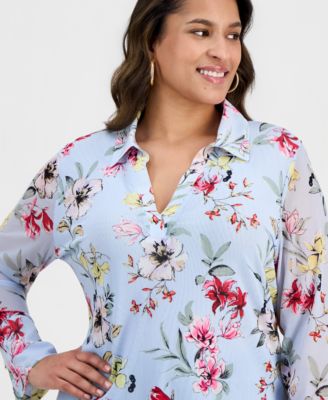 Plus Size Printed Johnny-Collar Top