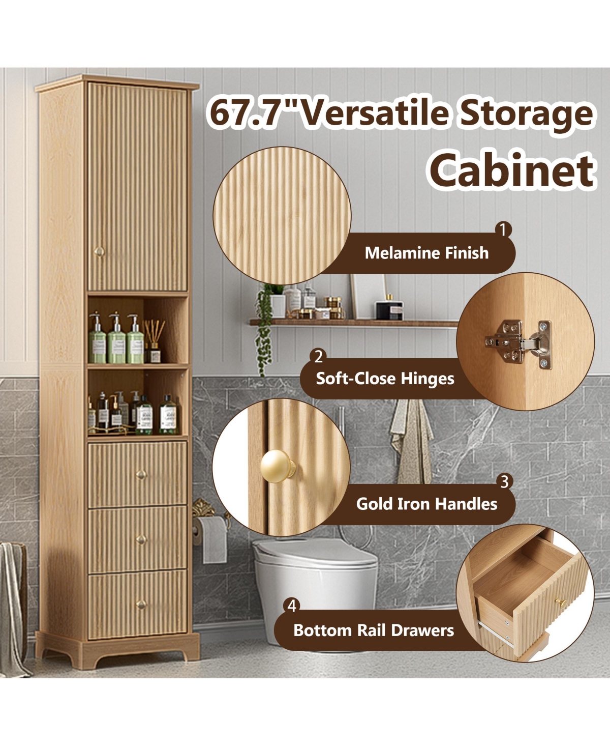 Airsurfer 67.7 Inch Tall Freestanding Bathroom Cabinet with Door Adjustable Shelf and 3 Drawers