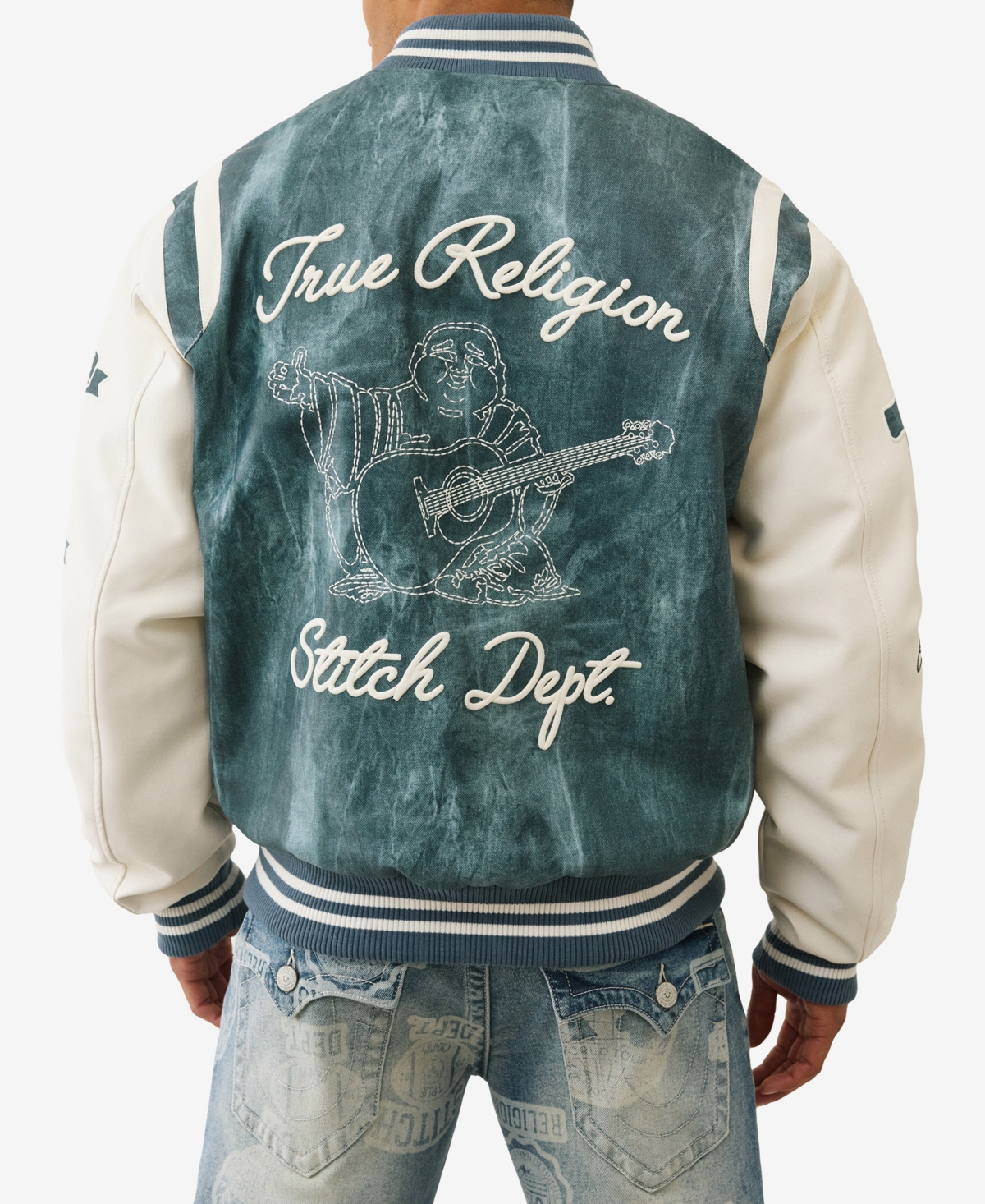 True Religion Men's Denim Print Retro Varsity Jacket