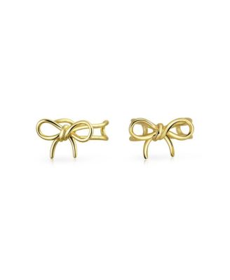 Set of 2 Dainty Ribbon Bow & Spiral Pearl Wrap Helix Cartilage Ear Cuff Earrings Gold Plated Sterling Silver