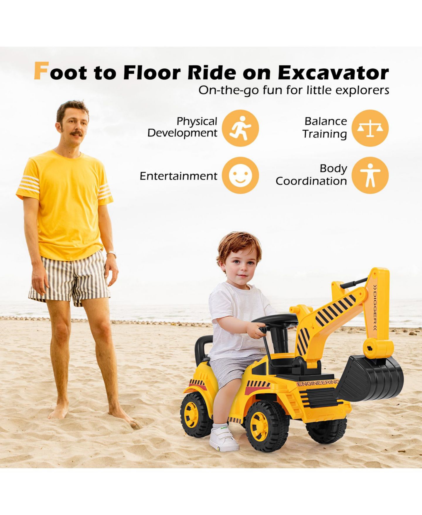 Детская игрушка HONGGE Kids Ride-On Excavator Toy with Adjustable Shovel and Foot-Pedal Control, Ages 1.5+, цвет: Жёлтый чёрный — фото 3
