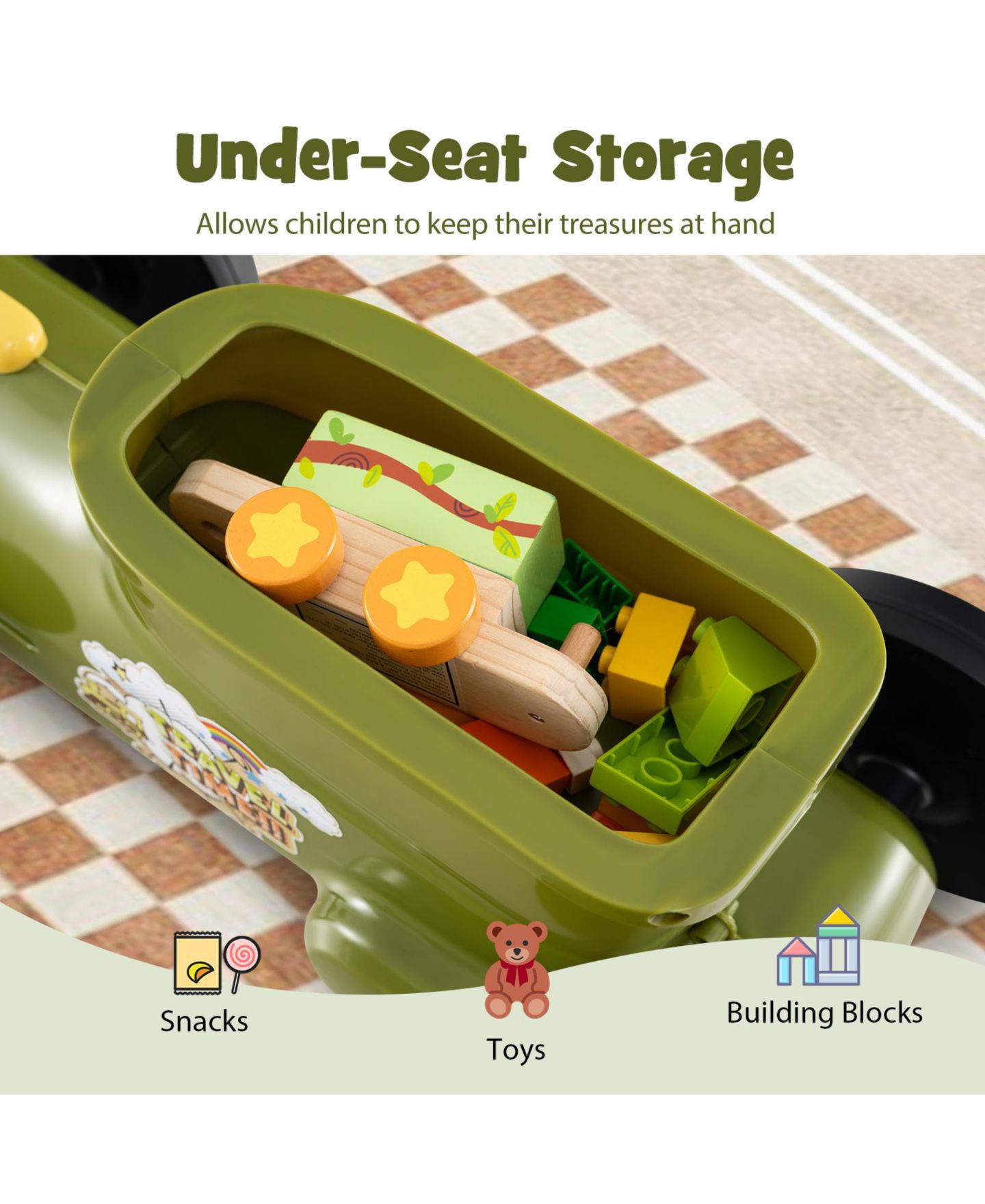 Детская игрушка HONGGE Ride-On Train with Whistle Sound and Under-Seat Storage, Ages 19-36 Months, цвет: Зелёный — фото 9