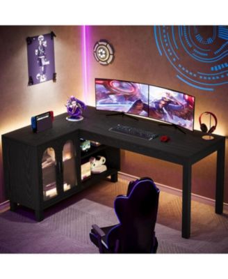 59" Executive L Shaped Desk with File Cabinet, Farmhouse Wood Computer Coner Desk with Storage Shelves