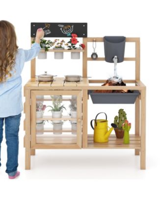 Outdoor Wooden Mud Kitchen Playset with Sink and Plant Observation Area - Natural