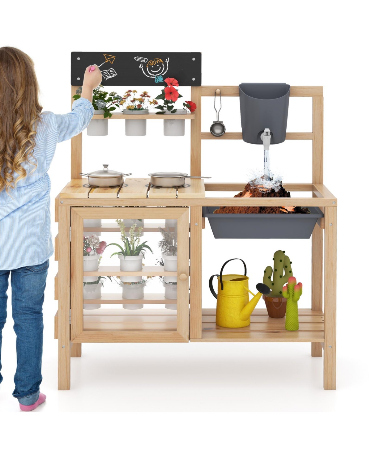 Hongge Outdoor Wooden Mud Kitchen Playset with Sink and Plant Observation Area - Natural