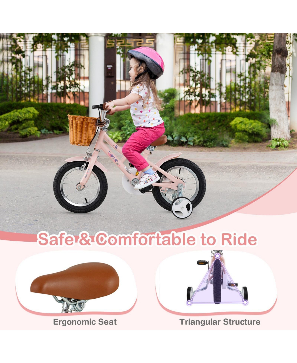 Hongge 12-Inch Retro Kids Bike with Basket, Adjustable Height, and Training Wheels for Ages 3–8 - Pink
