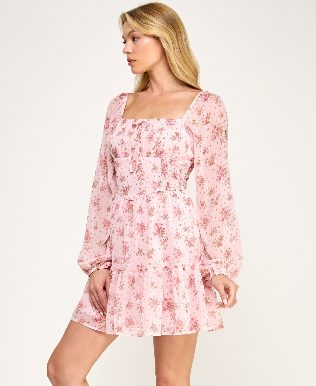 Trixxi Juniors' Square Neck Smocked Inset Waist Dress In Pink