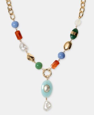 Mixed Stone & Imitation Pearl Lariat Necklace, 18" + 3" extender