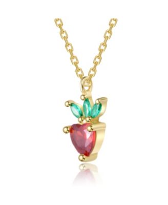 14K Gold Plated with Red & Green Cubic Zirconia Heart & Leaf Pendant Necklace