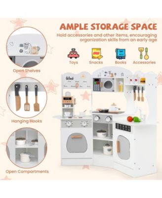Corner Wooden Play Kitchen with Coffee Maker, Sink, and Slide for Kids - White
