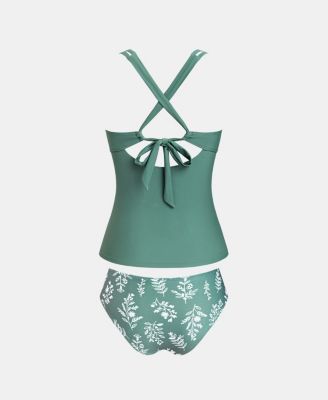 Women's Crisscross Back Cutout Ruched Double Straps Tankini Sets