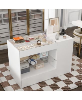 Glass Top 8-Drawers Dresser ,Display Cabinet,Manicure Nail Table,Bedroom/Kitchen Island,Makeup Table