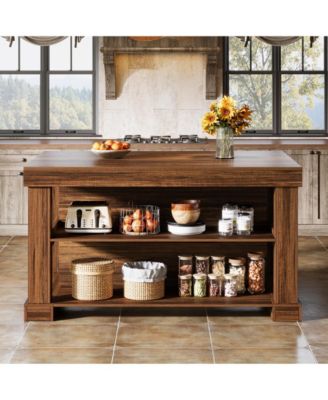 Kitchen Island with 3 Shelves, 55 Inches Width Kitchen Shelf with Large Worktop