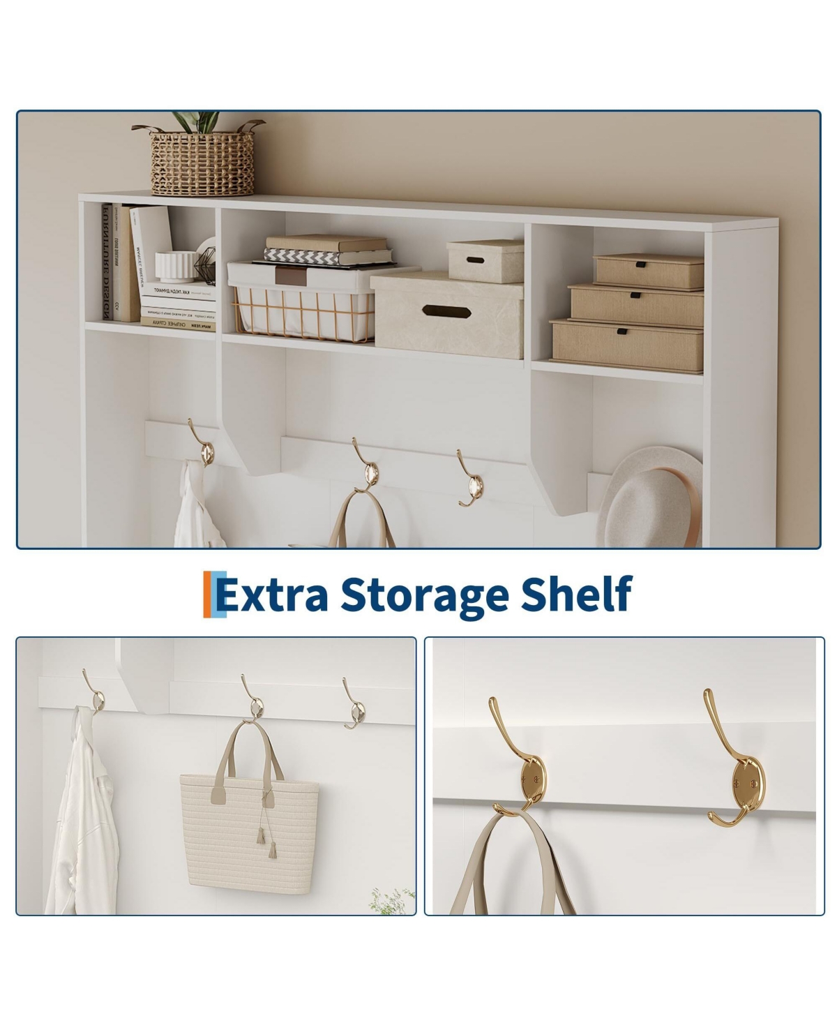 gaomon Hall Tree with Bench and Shoe Storage, 3-in-1 Farmhouse Entryway Bench with Coat Rack