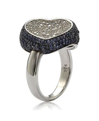 Suzy Levian Sterling Silver Sapphire Pave Puff Heart Ring