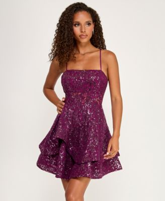 Juniors' Sequined Lace Spaghetti Strap Square-Neck Dress