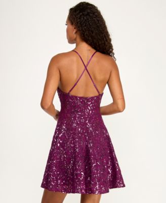 Juniors' Sequined Lace Fit & Flare Dress
