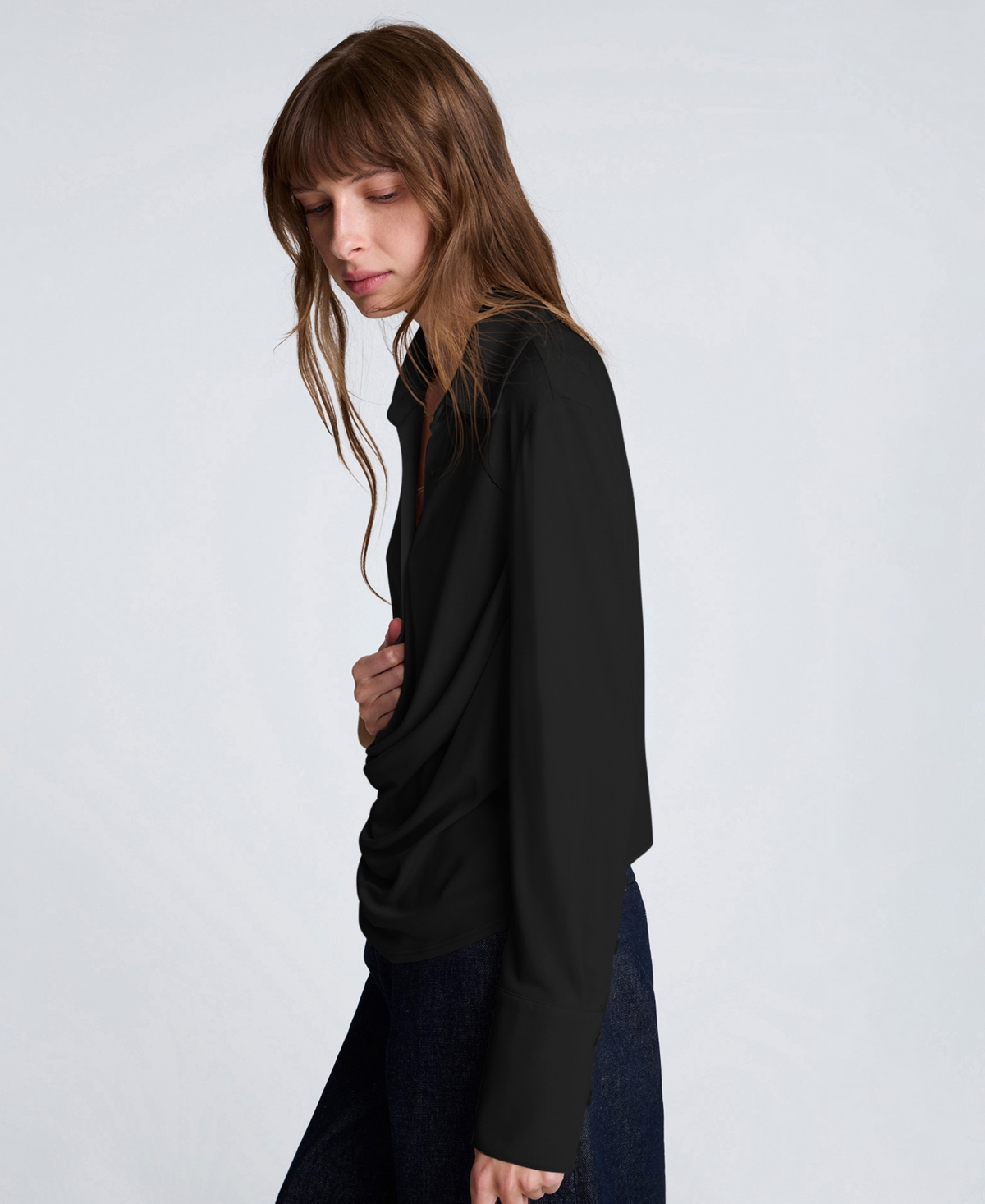 Kenneth Cole Drape Front Pullover Shirt In Black