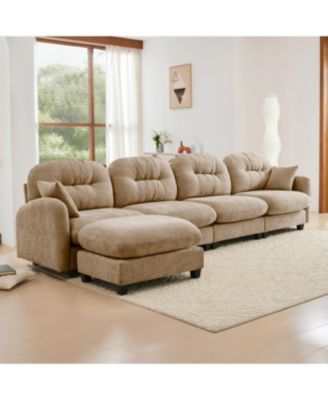 Modular L-Shaped Chenille Couch with Ottoman, Camel