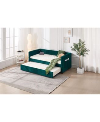 Streamdale Twin Upholstered Daybed with Trundle, USB, Side Pockets, Emerald